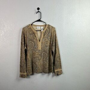 Liz Claiborne Women’s Beige Tan Brown Paisley Long Sleeve Shirt Sz XL Casual